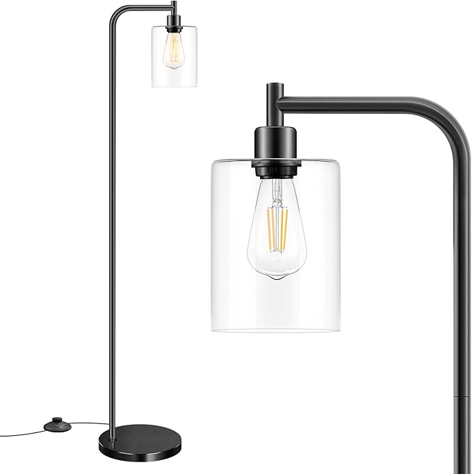 Bosceos Industrial Floor Lamp with Hanging Glass Shade Black Farmhouse Indoor Pole Light with Edison E26 Base Vintage Rustic Standing Tall Lighting for Living Room Bedroom Office(ST64 Bulb Included)