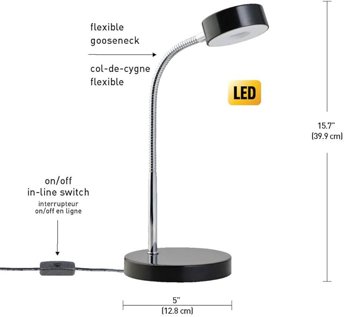 Globe Electric 12643 Energy Star Integrated LED Desk Lamp, Matte Black, Chrome Gooseneck, 5 Watts, 250 Lumens