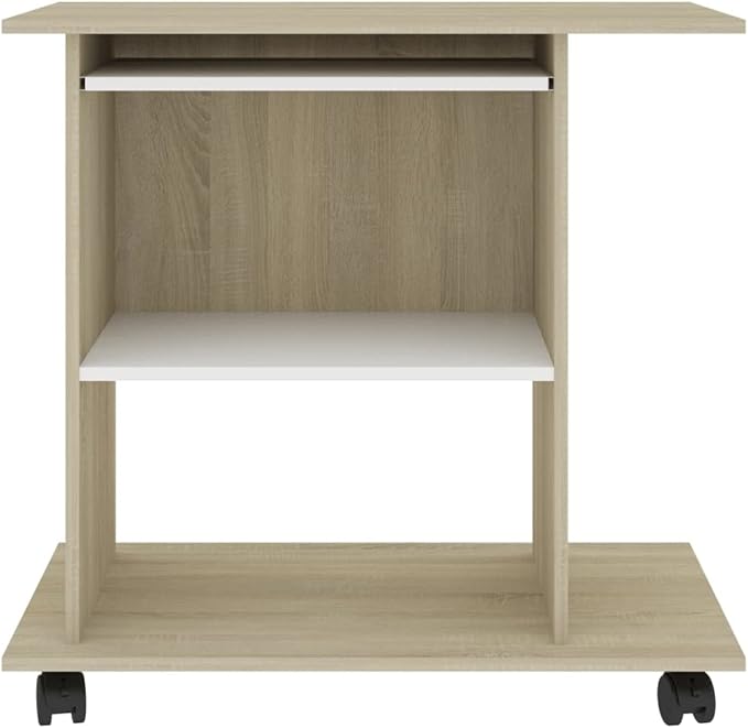 Modern Computer Desk with 4 Castors, Home Office Desk Writing Study Table PC Desk Workstation for Bedroom, White and Sonoma Oak 31.5"x19.7"x29.5" Engineered Wood(K)
