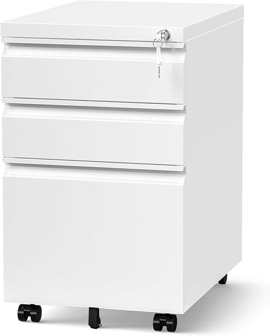3 Drawer Mobile Locking File Cabinet,Anti-tilt Design Metal Vertical Filing Cabinet,Rolling Desk Filing Cabinet fits Letter/Legal Size for Home Office (White)