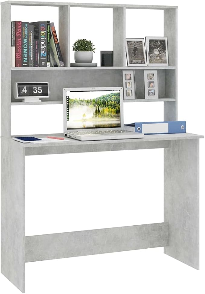 Modern Writing Computer Desk with Shelves and Upper Cabinet, Home Office Desk Writing Study Table PC Desk Workstation for Bedroom, Concrete Gray 43.3"x17.7"x61.8" Engineered Wood(B)