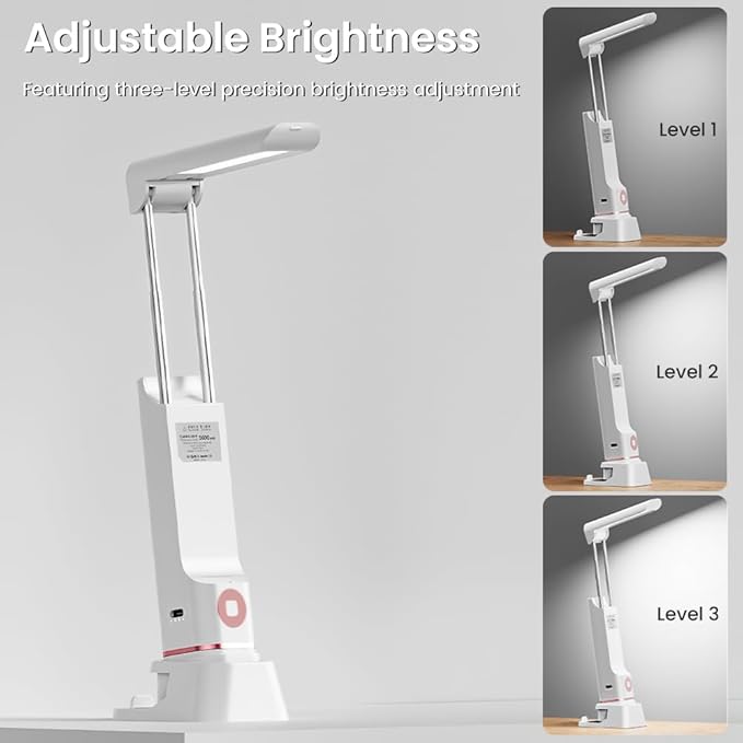 Cordless Desk Lamp, Rechargeable Portable Light with 3 Modes and Hidden Stretchable Design, Multi-Function Lamp for Reading, Emergency and Phone Stand Use