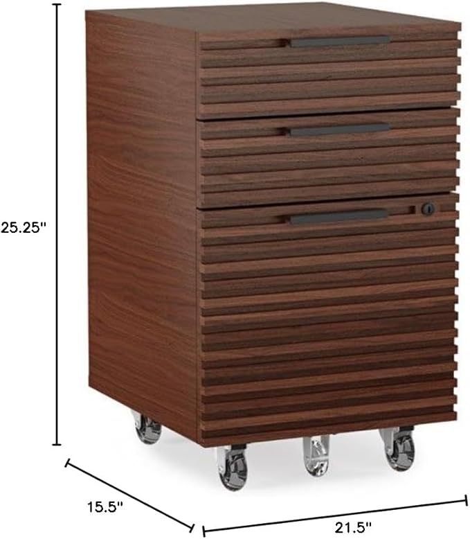 BDI Furniture Corridor 6507 Rolling 3-Drawer File Cabinet, Under Desk Storage Cabinet for Home or Office with Letter or Legal-sized File Drawer and 2 Supply Drawers, Key Lock, Chocolate Stained Walnut