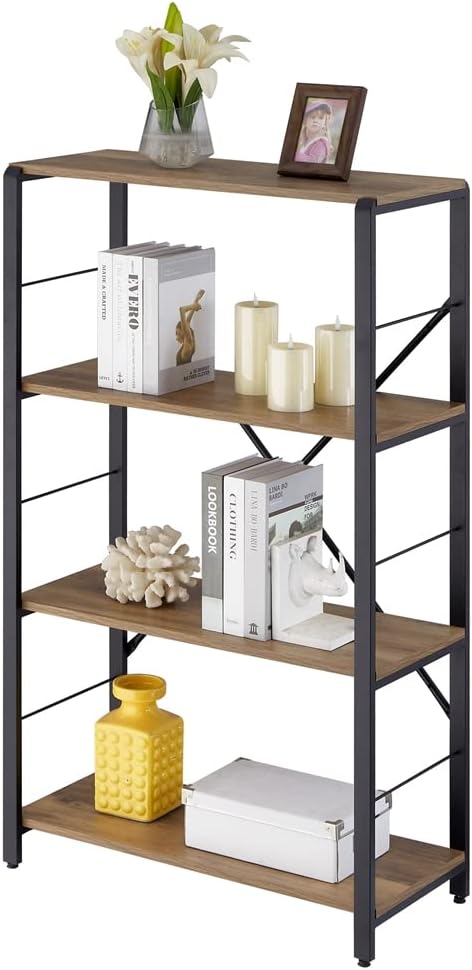 FOLUBAN 4 Tier Open Bookshelf, Vintage Free Standing Book Shelf, Rustic Wood and Metal Bookcase for Home Office, Oak