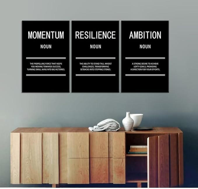 WYJZDZQ8 Ambition Momentum Resilience 3 Panel Inspirational Canvas Print Wall Art Motivational Poster Picture Painting Modern Inspiring Artwork for Home Office Living Room Wall Decor [48''Wx 24''H]