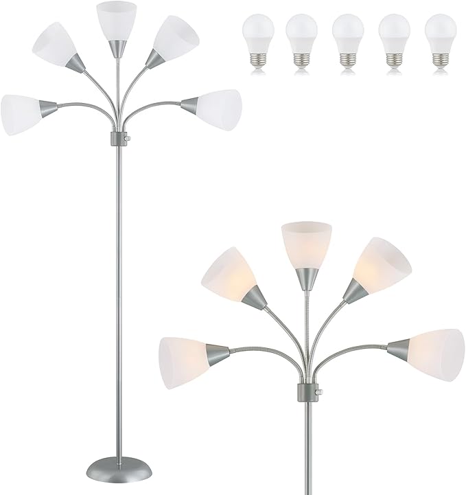 Medusa Modern Decor Floor Lamp, 5 Head Adjustable Gooseneck Lamps for Reading, White Shades Multiple Tall Standing Lamps for Living Room Bedroom Office Kids Classroom, Silver, Bulbs Included