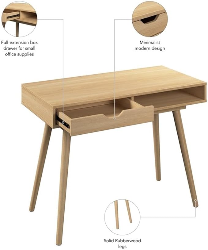 Nora 40W Writing Desk in Natural Oak | Compact Writing Table with Storage, Workstation for Home Office or Study Room