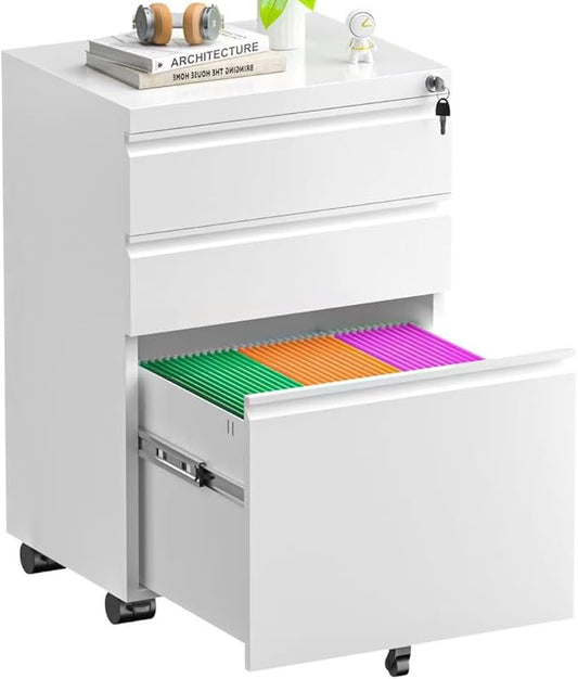 Superday File Cabinet 3 Drawer, Fully Assembled Metal Rolling Vertical Filing Cabinet with Wheels, Small Under Desk File Cabinets for Home Office (White)