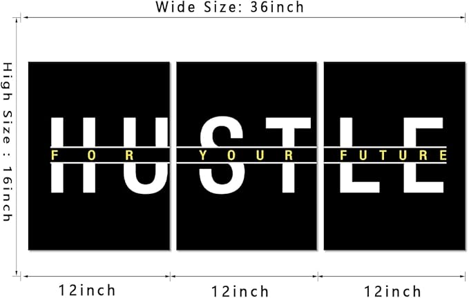 3 Piece Hustle Wall Art - Black Office Wall Decor Inspirational Quotes Poster Hustle For Your Future Painting Picture Inspiring Words Print Motivational Artwork for Home Study Room, Framed 12"x16"x3