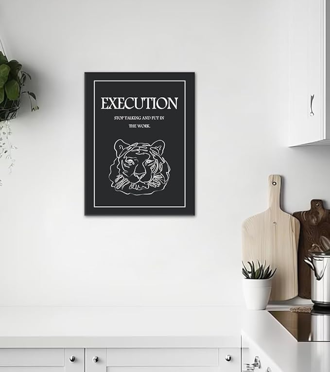 Execution Canvas Wall Art, Motivational Quote Print with Tiger Portraits, Black & White Inspirational Wall Decor, STOP TALKING AND PUT IN THE WORK Success Poster for Home Office Gym, Framed 18"x24"