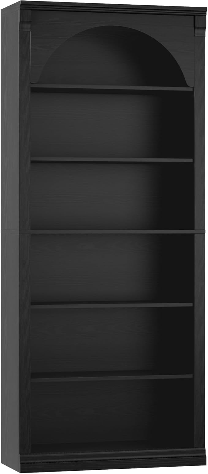 FACBOTALL 73" Tall Arched Bookcase and Bookshelf, Farmhouse Book Shelf with 6 Tiers Open Shelves, Arched Cabinet for Media CD DVD Storage, Wooden Tall Bookcase for Living Room, Home Office, Black