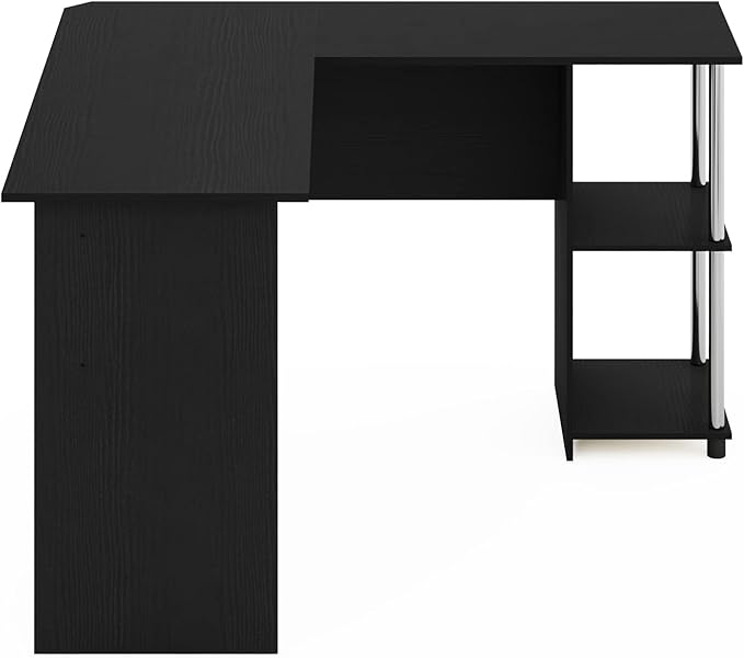 Furinno Abbott L-Shape Computer Desk with Stainless Steel Tubes Bookshelf, Americano/Chrome
