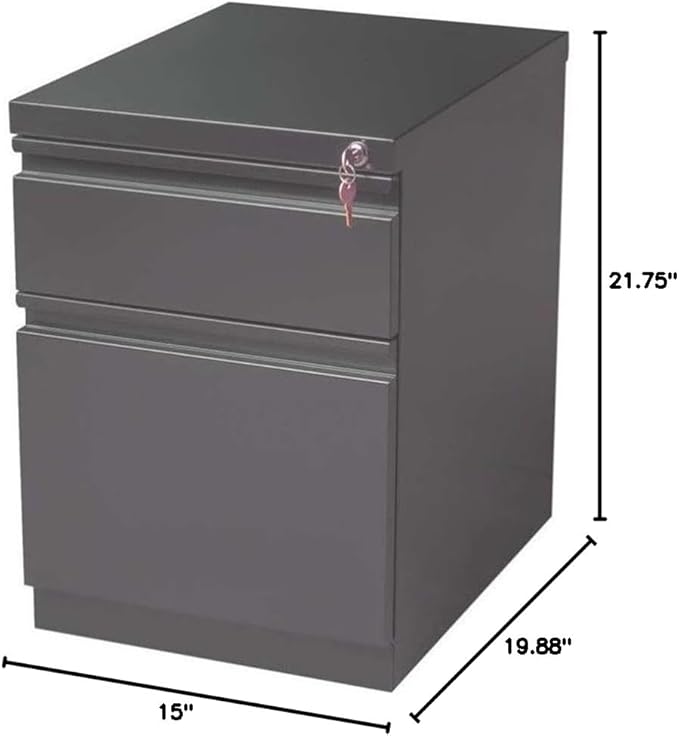 BOWERY HILL Mobile Pedestal File Cabinet, 20 in Depth, Steel Construction, Charcoal Finish, 2-Drawer Box/File Configuration, Lockable, Letter-Size Hanging File Storage, Office Roll Filing Cabinet
