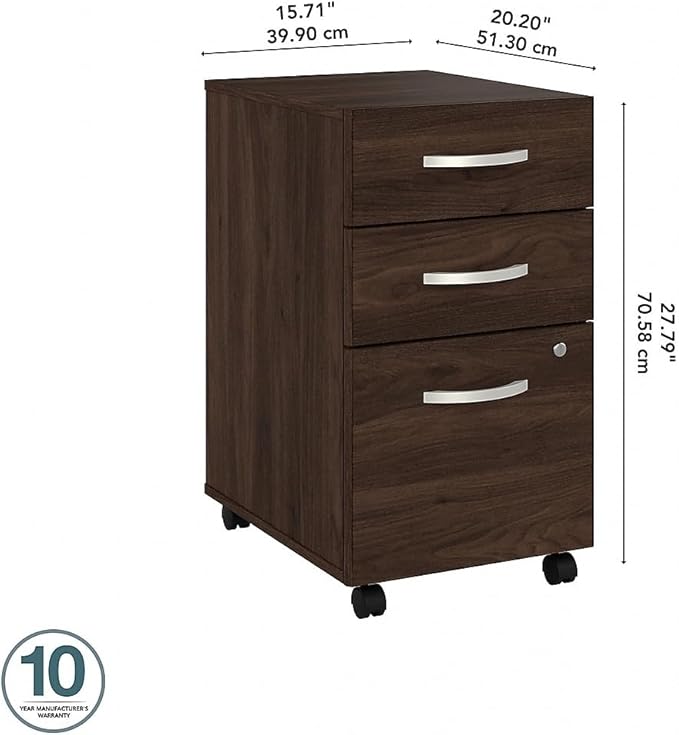 Bush Business Furniture Hybrid 3 Drawer Mobile File Cabinet-Assembled, Black Walnut