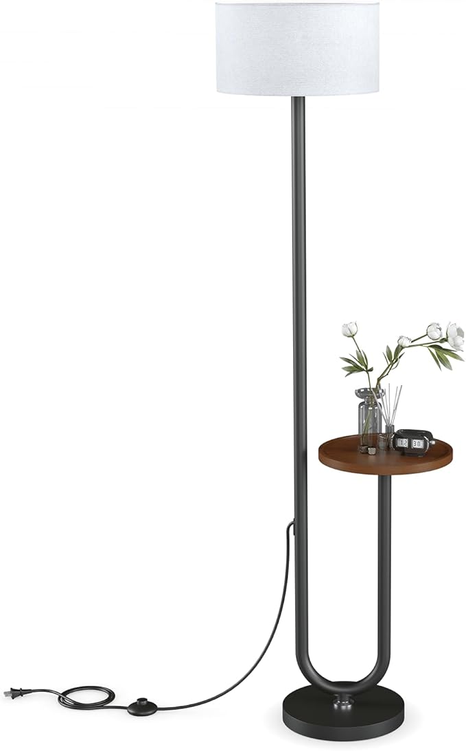62.9" Floor Lamp with Table Brown, White Lampshade Vintage Standing Lamp with Tray Foot Switch, 3 Color Temperatures LED Bulb Included, for Living Room, Bedroom