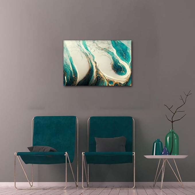 Abstract Wall Decor for Men 1 Panel Canvas Artwork Modern Gold and Teal Prints on Canvas Fashion Marble Texture Picture Printing for Bedroom Restaurant Corridor Office Wall Art Decoration 18x12 in