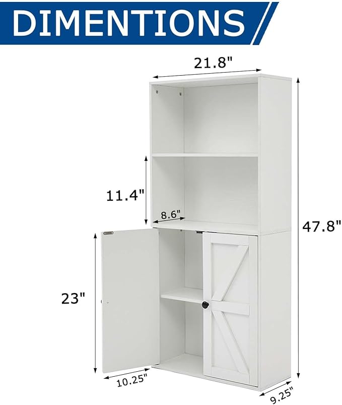 White 4-Tier Bookshelves for Living Room, Farmhouse Tall Bookcase with Doors, Wooden Bookshelf with Storage Cabinet and Shelves for Living Room, Home Office (2PCS)