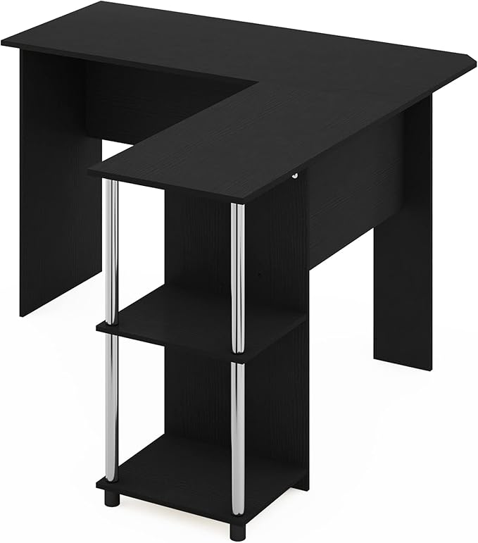 Furinno Abbott L-Shape Computer Desk with Stainless Steel Tubes Bookshelf, Americano/Chrome