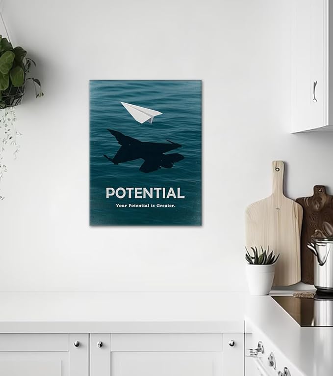 Motivational Quote Wall Art - Your Potential is Greater Inspirational Canvas Artwork Featuring White Paper Airplane in Deep Blue Ocean for Home or Office Wall Decoration Framed 18"x24"