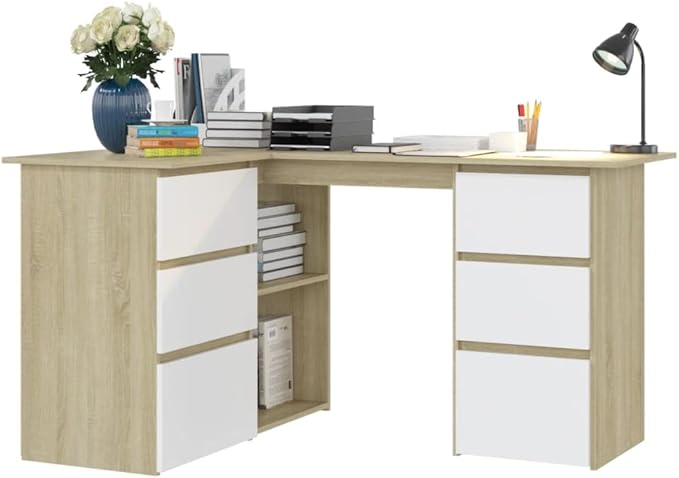 L Shaped Corner Desk Modern Writing Computer Desk, Home Office Desk Writing Study Table PC Desk Workstation for Bedroom, White and Sonoma Oak 57.1"x39.4"x29.9" Engineered Wood(F)
