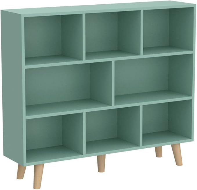 IOTXY Wooden Open Shelf Bookcase - 3-Tier Floor Standing Display Cabinet Rack with Legs, 8 Cubes Bookshelf, Tiffany-Green | Display Cabinet, Rack, with Legs, Bookshelf