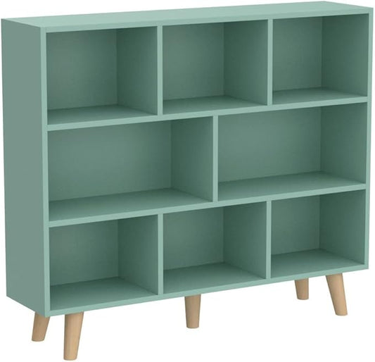 IOTXY Wooden Open Shelf Bookcase - 3-Tier Floor Standing Display Cabinet Rack with Legs, 8 Cubes Bookshelf, Tiffany-Green | Display Cabinet, Rack, with Legs, Bookshelf