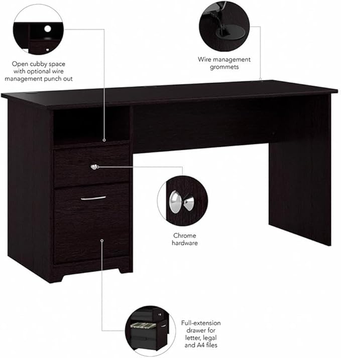 Bush Home Cabot 60W Computer Desk with Drawers in Espresso Oak, Workstation and File Storage, Desktop with Organization Solutions for Home Office