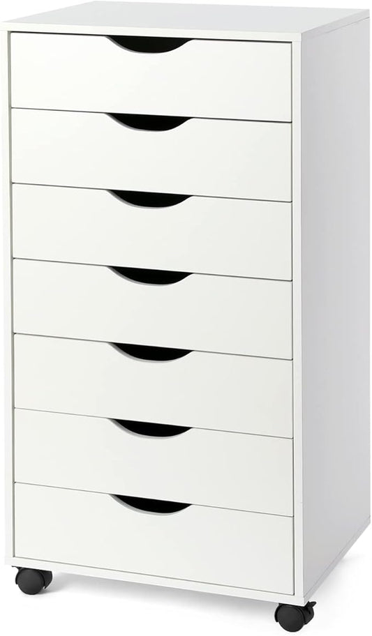 TUSY 7 Drawer Storage Organizer on Wheels, Mobile File Cabinet with Locking Casters, Tall Chest of Drawers for Home Office, White Rolling Storage Drawers for Office Supplies