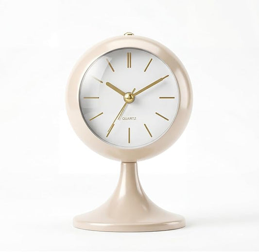 Analog Alarm Clock, Mid-Century Modern Desk Clock, Silent Non-Ticking Quartz Table Clock with Gold Hands, Battery Operated Decorative Clock for Bedroom, Office, Living Room (Light Champagne)