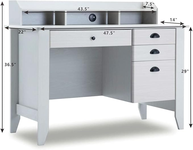 Catrimown Computer Desk with Drawers and Hutch White Desk with Drawer Wood Executive Desk Teens Student Desk Writing Laptop Home Office Desk for Small Spaces, Cream, 47.5''D x 22''W x 36.5''H