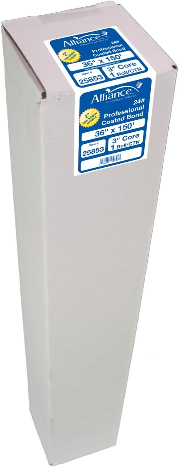 Alliance Wide Format Paper 36'' x 150' feet with 3 inch core and 2 inch core adapter 24 lb For Latex and Solvent Printers 1 roll High Resolution Coated Bond (25853)