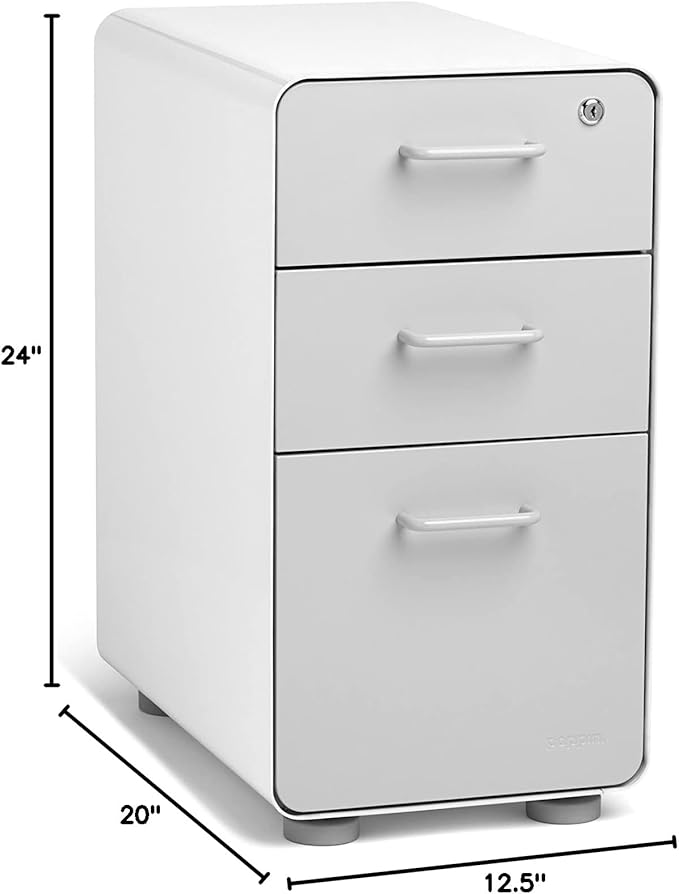Poppin Slim Stow 3-Drawer File Cabinet - White + Light Gray. 2 Utility Drawers and 1 Vertical Hanging File Drawer. Fully Painted Inside and Out. Powder-Coated Steel. Two Keys Included
