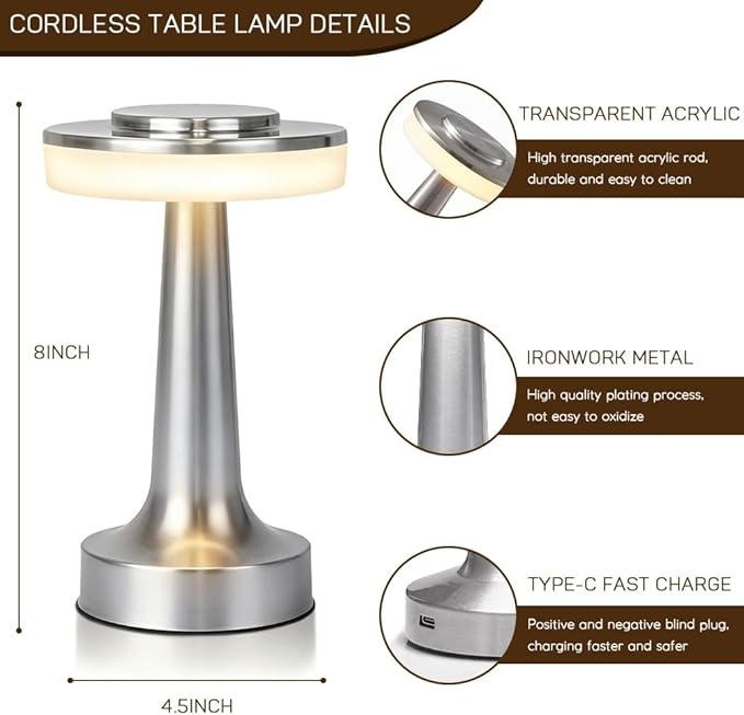 Cordless Metal Desk Lamp, Touch Sensor Control LED Table Lamp,3 Color Stepless Dimmable Battery Powered Lamp for Living Room, Dorm, Home Office (Silver)