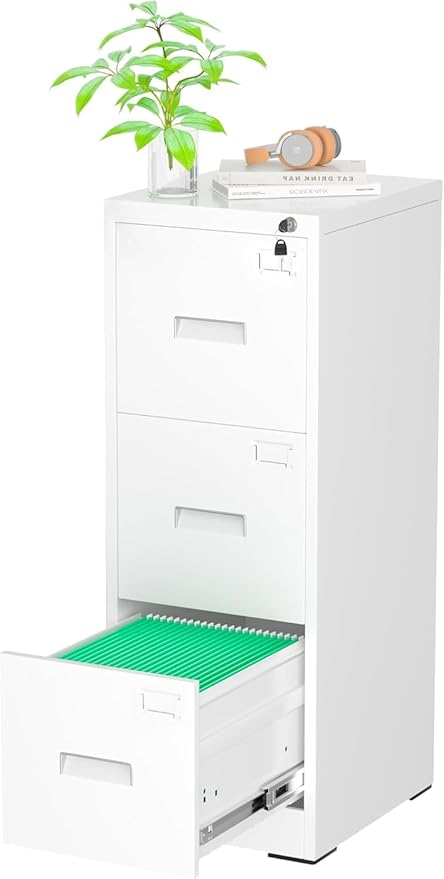 Greenvelly Metal 3 Drawer File Cabinet, Vertical File Cabinet with Lock, Locking Filing Cabinets for Home Office, Letter/Legal/A4/F4 Size/Anti-Tip (White)