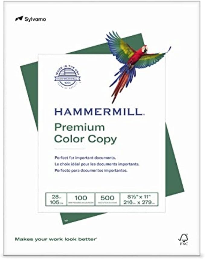 Hammermill Printer Paper, Premium Color 28 lb Copy Paper, 8.5 x 11-1 Ream (500 Sheets) - 100 Bright, Made in the USA, 102467R