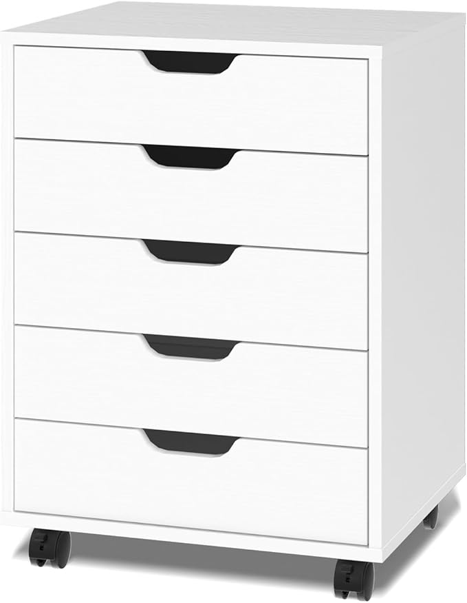 VINGLI 5 Drawers Mobile File Cabinet with Wheels, Under Desk Storage Organization, Vertical Filing Chest Rolling Wood Small Desk Printer Stand for Home Office, 19" W × 15.8" D × 25.6" H, White