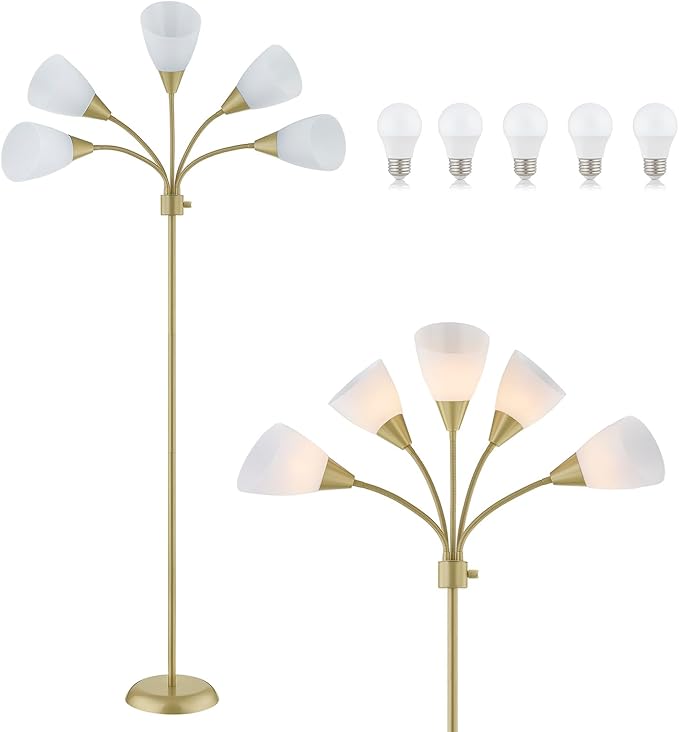 Medusa Modern Decor Floor Lamp, 5 Head Adjustable Gooseneck Lamps for Reading, White Shades Multiple Tall Standing Lamps for Living Room Bedroom Office Kids Classroom, Gold, Bulbs Included