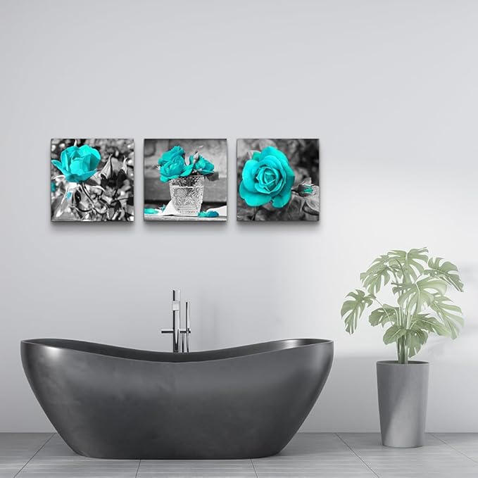 Canvas Wall Art For Bedroom Wall Decor For Living Room Black And White Wall Paintings Blue Rose Flowers Pictures Watercolor Giclee Canvas Prints Ready To Hang Room For Girls Home Decoration 3 Piece