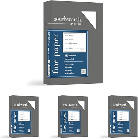 Southworth 404C 25% Cotton Business Paper White 24 lbs. Wove 8-1/2 x 11 500/Box FSC,(Pack of 4)