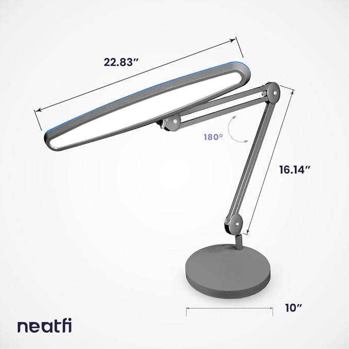 Neatfi XL 24W LED Desk Lamp with Base – 2,200 Lumens | 23” Wide Shade | Dimmable Eye-Caring Task Light | Adjustable Arm | Office, Study, Crafting & Nail Techs (Silver, Non-CCT with Base)