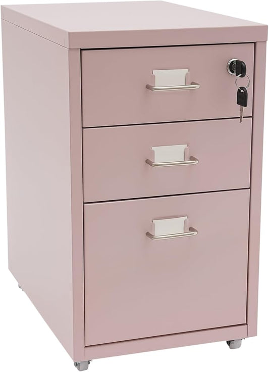 Vertical File Cabinets | 3 Drawer File Cabinet with Wheels| Steel Lockable Storage Cabinets | Metal S-torage Cabinet for Home Office | Storage A4/F4/Letter/Legal (Pink-3 Drawers)