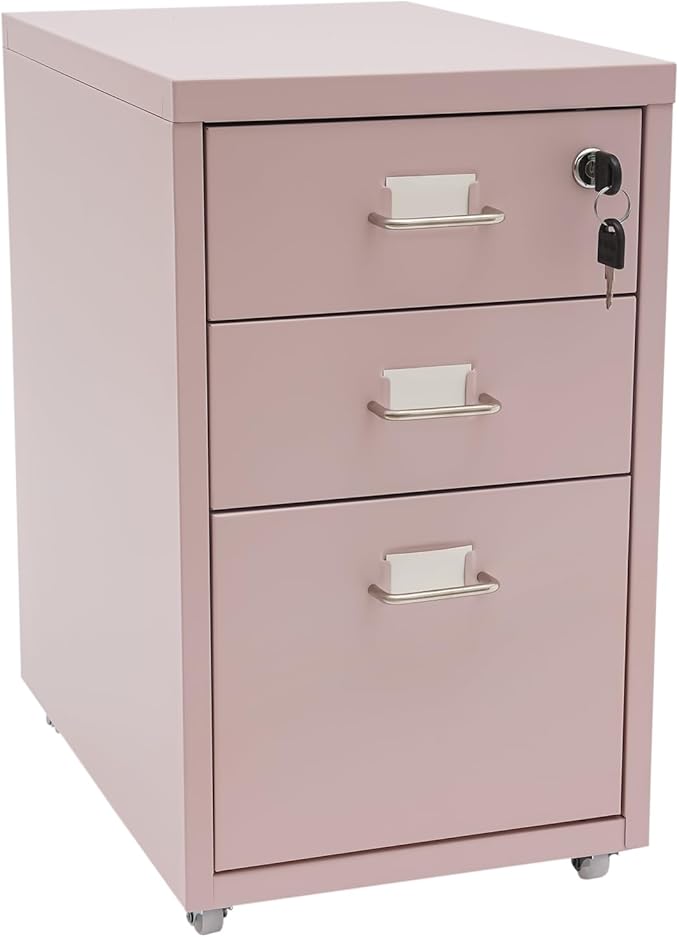 3 Drawer Metal Storage Cabinet Mobile File Cabinet with Lock Under Desk Office Storage Cabinet for Office & Home Fits Letter/Standard Sizes(Pink)