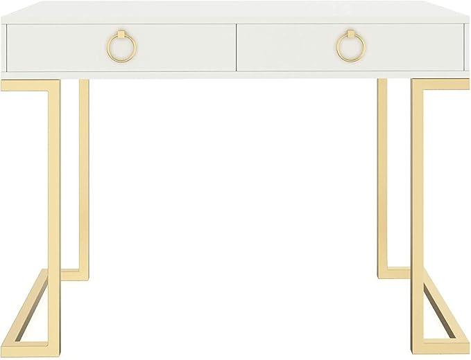 Nathan James Leighton Two-Drawer Writing Glam Accents Brass, Home Office Computer Desk or Vanity Table, 2, White/Gold, Small