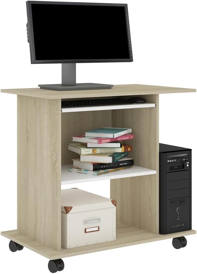 Modern Computer Desk with 4 Castors, Home Office Desk Writing Study Table PC Desk Workstation for Bedroom, White and Sonoma Oak 31.5"x19.7"x29.5" Engineered Wood(K)