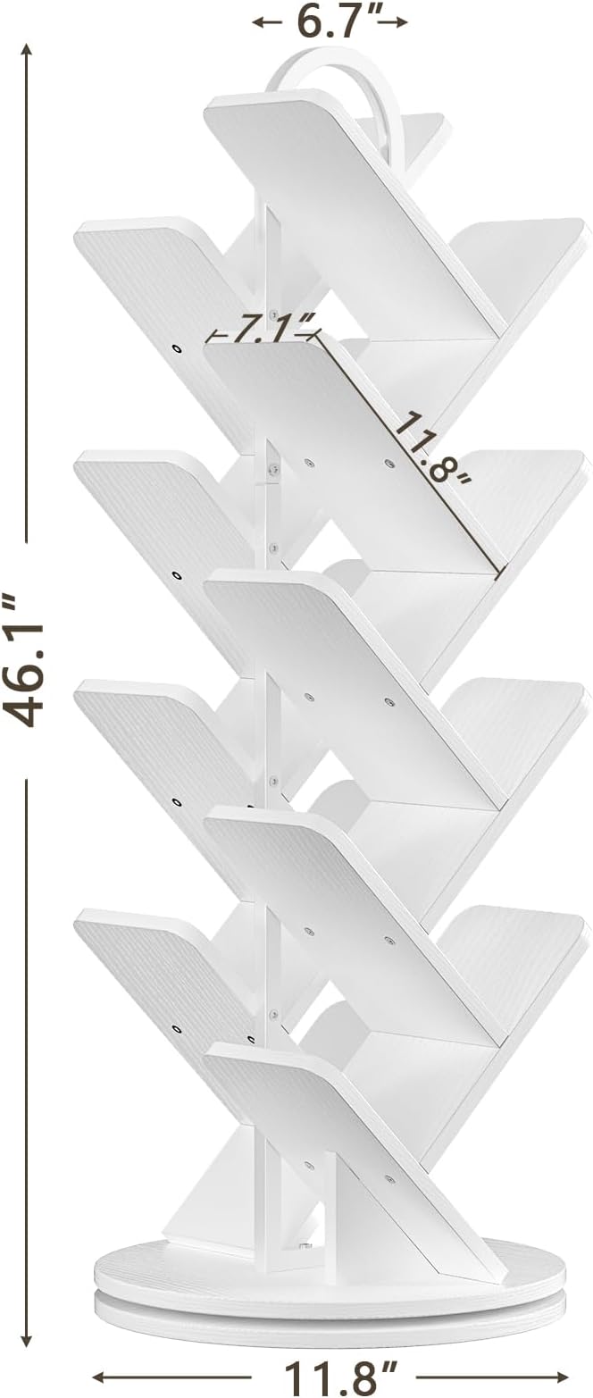 TVU 16-Tier Tree Rotating Bookshelf, 360 Degree Spinning Standing Bookcase for Magazines DVDs Books, Corner Bookcase for Living Room Bedroom Study, White