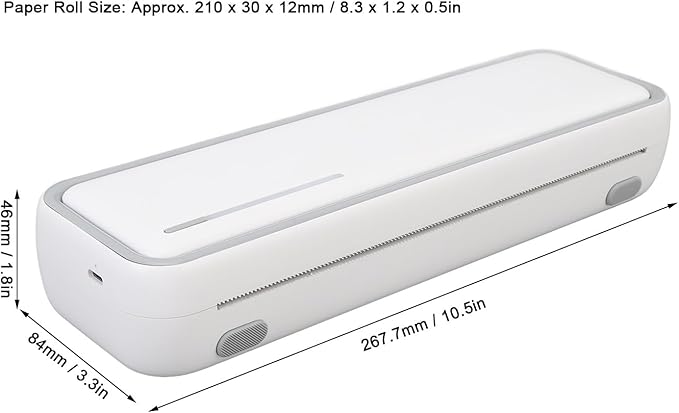Walfront Compact Inkless Printer Wireless 2500mAh USB BT 203dpi 210x30x12mm Suitable for Office Work and School Editing and Printing on Mobile Phone