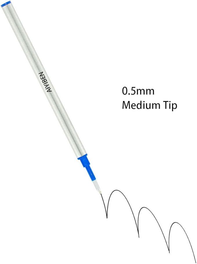 4.37 inch Rollerball Pen Refills, Roller Ball Fine Point 0.5mm, Blue Ink Refill Pack of Replaceable Pen Refills Medium Point (6 Pack)
