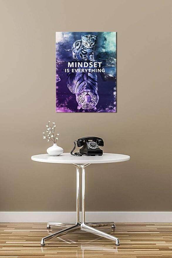 Inspirational Wall Art Posters Big Tiger Pictures Small Cat Canvas Painting Mindset is Everything Print Poster Artwork Wooden Home Decor for Living Room Gym Office Framed Ready to Hang[18" W x 24" H]