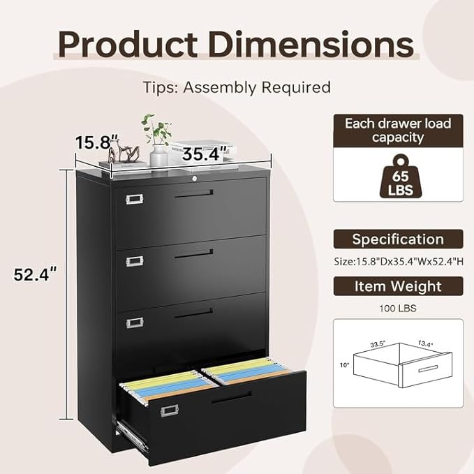 4 Drawer Lateral File Cabinet with Lock, Metal Filing Cabinets for Home Office, Wide Locking File Caninets, Black Office Storage Cabnet for Hanging Letter/Legal / A4 / F4 - Assembly Required