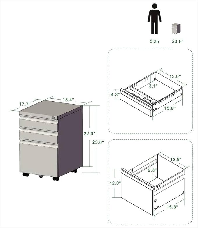 3-Drawer 15.4" W Classic File Cabinet with Lock, Metal Filling Cabinets Suits Legal/Letter Size for Home Office, Fully Assembled Except Wheels, Grey (3-Drawer Widen, Black)